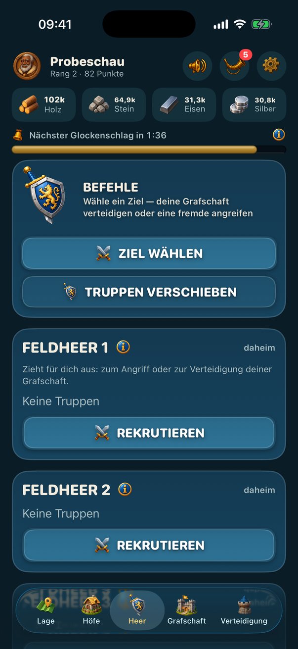 Der Heer-Reiter mit Befehlen, Feldheeren und Rekrutieren-Knöpfen